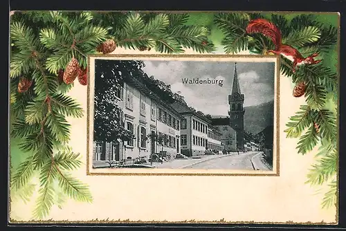 Passepartout-Lithographie Waldenburg, Strassenpartie mit Kirche, Tanne mit Eichhörnchen