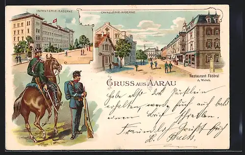 Lithographie Aarau, Infanterie- und Cavallerie-Kasernen mit Strasse, Soldaten