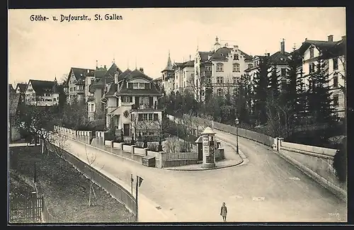 AK St. Gallen, Göthe- und Dufourstrasse aus der Vogelschau, Litfasssäule