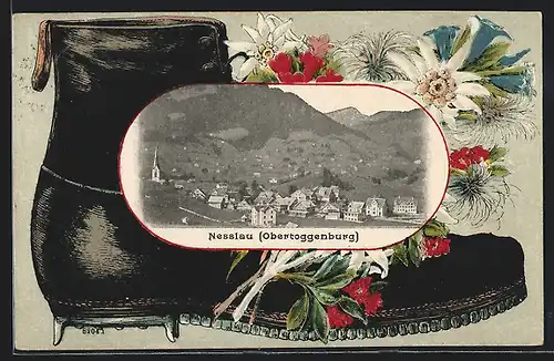Präge-AK Nesslau /Obertoggenburg, Gesamtansicht im Stiefel-Passepartout, Bergblumen