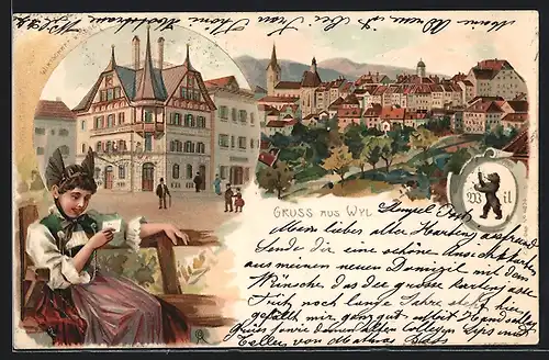 Lithographie Wil, Gasthaus zur Rose, FRau in Tracht liest einen Brief, Stadtwappen