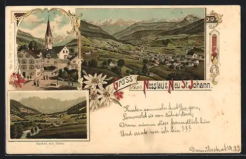 Lithographie Nesslau, Rietbad mit Säntis, Dorfplatz, Ortsansicht mit Neu St. Johann
