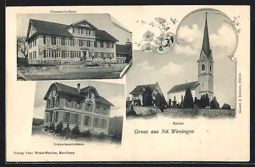 Passepartout-AK Niederweningen, Primar- und Sekundarschulhaus, Kirche