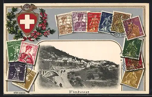 Passepartout-Lithographie Finhaut, Gesamtansicht mit Viadukt, Schweizer Briefmarken und Wappen, Posthorn