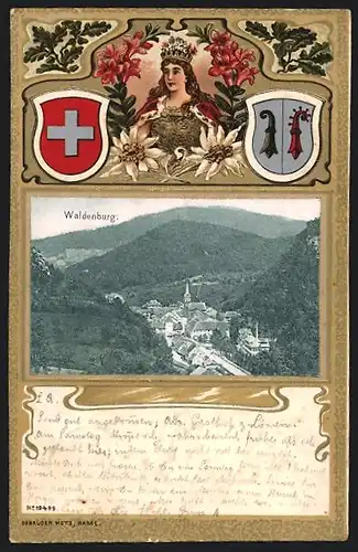 Passepartout-Lithographie Waldenburg, Ortsansicht mit Bergen aus der Vogelschau, Helvetia, Wappen