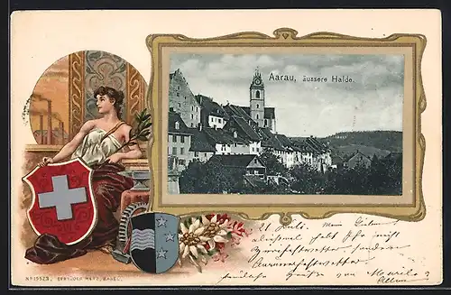 Präge-AK Aarau, Äussere Halde, Frau mit Wappen, Passepartout
