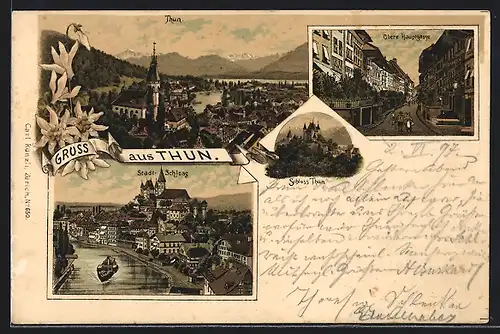 Lithographie Thun, Schloss Thun, Obere Hauptgasse, Stadtschloss