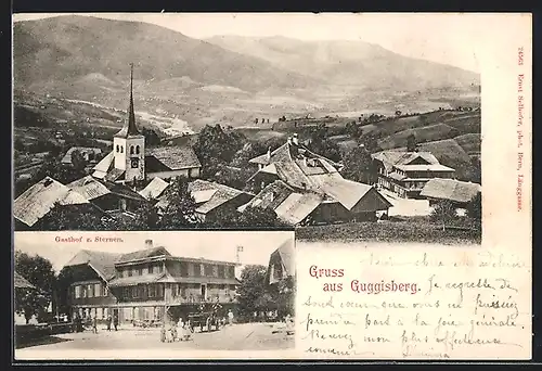 AK Guggisberg, Gasthof zum Sternen, Teilansicht mit Kirche