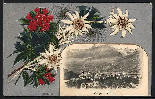 Präge-AK Viège-Visp, Teilansicht mit Bergen, Alpenblumen, Passepartout