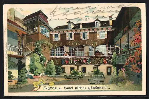 Künstler-AK Aarau, Hotel Ochsen, Hofansicht