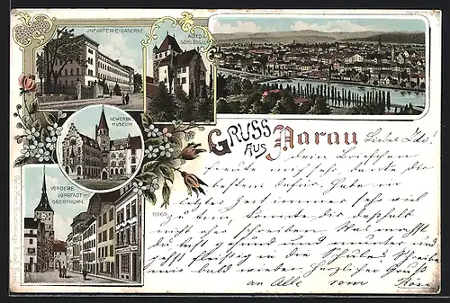 Lithographie Aarau, Altes Schlössli, Infanterie-Kaserne, Gewerbemuseum