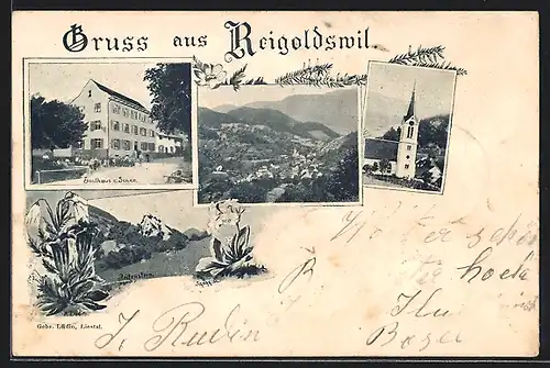 AK Reigoldswil, Gasthaus zur Sonne, Kirche, Reitenstein