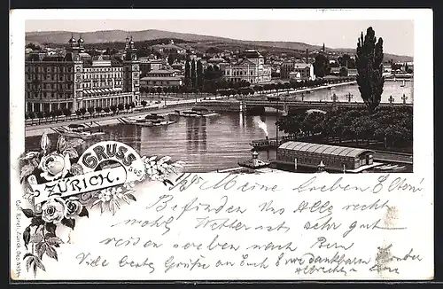 Vorläufer-Lithographie Zürich, 1895, Brücke über und Gebäude am Limmat