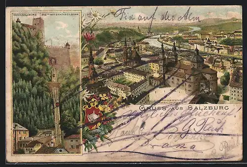 Vorläufer-Lithographie Salzburg, 1895, Aussicht von der Festung Hohensalzburg, Drahtseilbahn und Festung