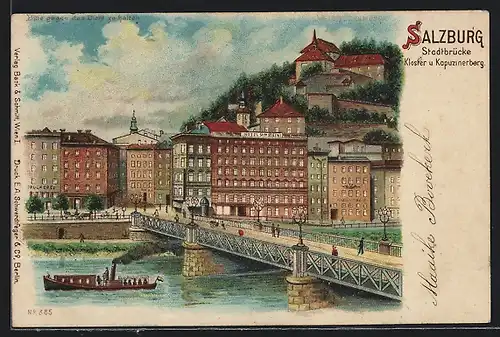 Lithographie Salzburg, Stadtbrücke mit Kloster und Kapuzinerberg, Halt gegen das Licht: Vollmond