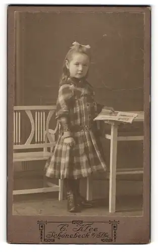 Fotografie C. Klee, Schönebeck a. Elbe, junges Mädchen Marta im karierten Kleid mit Haarschleife