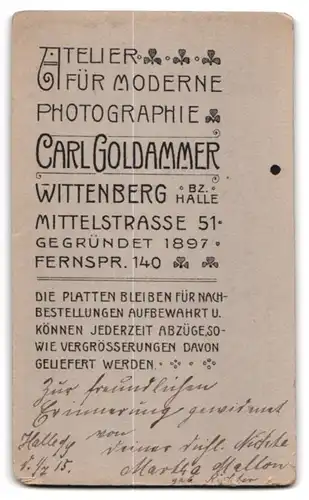 Fotografie Carl Goldammer, Wittenberg a. E., Portrait Frau Martha Mallon geb. Richter im Kleid, 1915