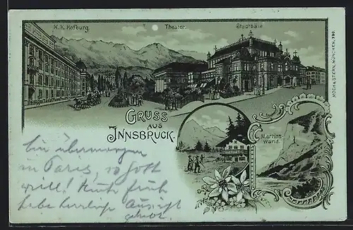 Mondschein-Lithographie Innsbruck, Martins Wand, Hofburg mit Theater und Stadtsälen