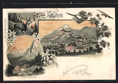 Lithographie Kufstein, Ortsansicht, Blick auf Hinterbärenbad