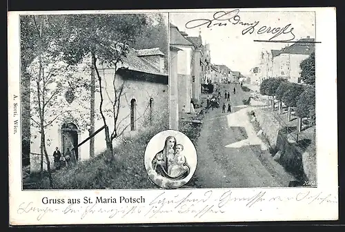 AK Altenfelden, St. Maria Pötsch, Strassenpartie mit Kirche und Priester, Marienbild