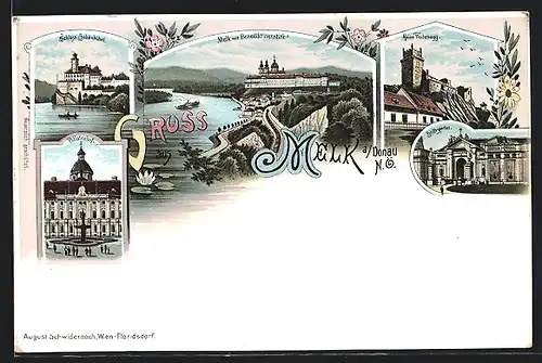 Lithographie Melk a. Donau, Totalansicht, Prälatenhof, Ruine Weitenegg