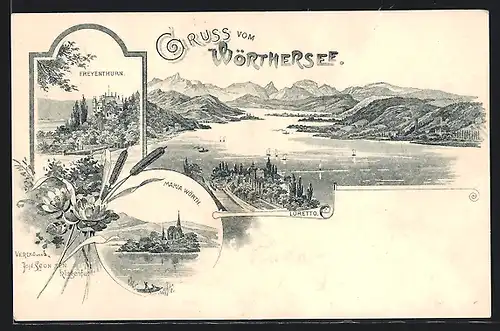 Lithographie Maria Wörth, Loretto, Panorama mit Wörthersee und Freyenthurn