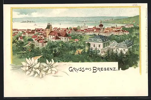 Lithographie Bregenz, Teilansicht mit Blick zum See