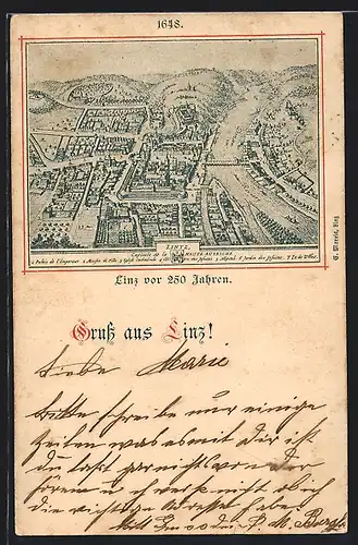 Künstler-AK Linz, Linz vor 250 Jahren, Ortsansicht im Jahre 1648
