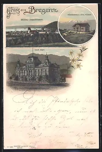 Lithographie Bregenz, Neue Post und Pfänderspitze, Hotel Pfänder