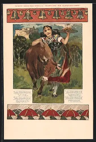 Lithographie Salzburg, Dirndlmädchen mit Kuh und Nocken vor Burgkulisse, Reklame Salzburger Nocken