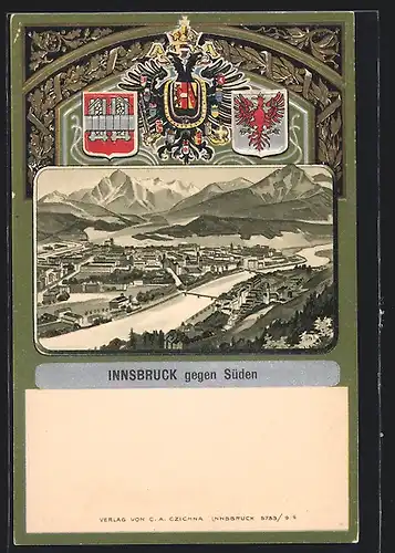 Präge-Lithographie Innsbruck, Ortsansicht gegen Süden aus der Vogelschau, Wappen