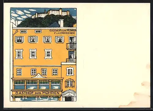 Künstler-AK Salzburg, Gasthof zum Mohren F. u. K. Obereder, Judengasse 9, Frontansicht mit Burgblick