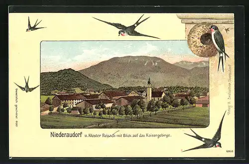 Lithographie Niederaudorf, Ortsansicht mit Kloster Reisach, gerahmt von Schwalben