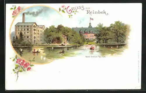 Lithographie Reinbek, Hotel Schloss Reinbek vom Teich gesehen