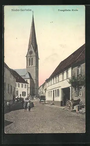 AK Niedersaulheim, Ortspartie mit evangelischer Kirche