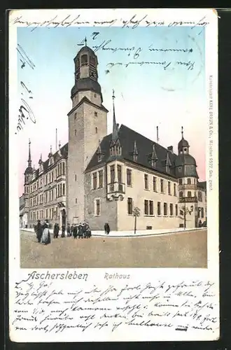 Goldfenster-AK Aschersleben, Rathaus mit leuchtenden Fenstern