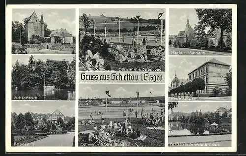 AK Schlettau i. Erzgeb., Schloss, Rosarium, Strandbad, Markt mit Rathaus