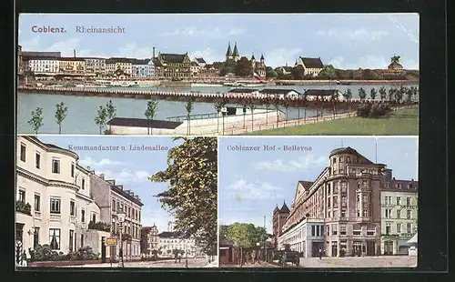 AK Coblenz, Ortsansicht mit Brücke, Kommandantur u. Lindenallee, Hotel Coblenzer Hof, Bellevue