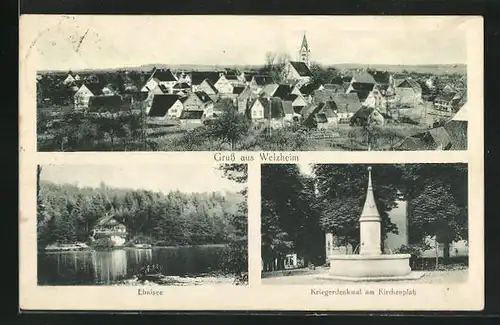 AK Welzheim, Ortsansicht, Ebnisee, Kriegerdenkmal am Kirchenplatz
