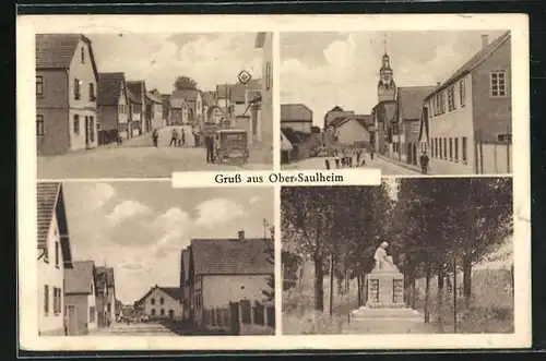 AK Ober-Saulheim, Strassenpartie mit Kirche, Denkmal, Ortspartie