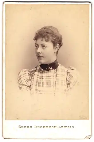 Fotografie Georg Brokesch, Leipzig, Dame im karierten Kleid mit zurückgebundenen Haaren