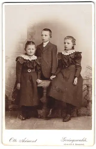 Fotografie Otto Asimont, Geringswalde, Zwei Mädchen im Kleid und Junge im Anzug