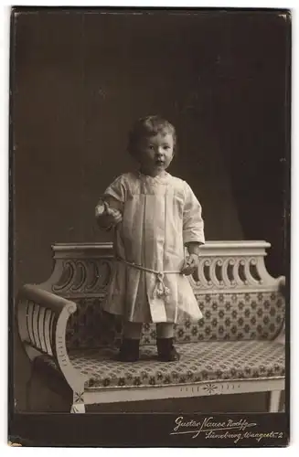 Fotografie Gustav Nause Nachf., Lüneburg, Kleines Kind im weissen Kleid steht auf einer Bank