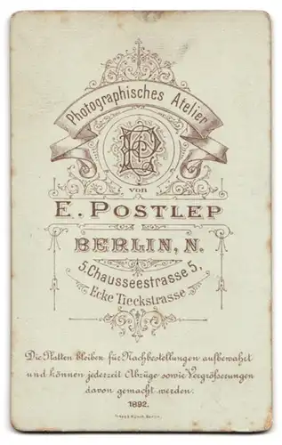 Fotografie E. Postlep, Berlin, Soldat in Uniform mit Schnurrbart im Portrait