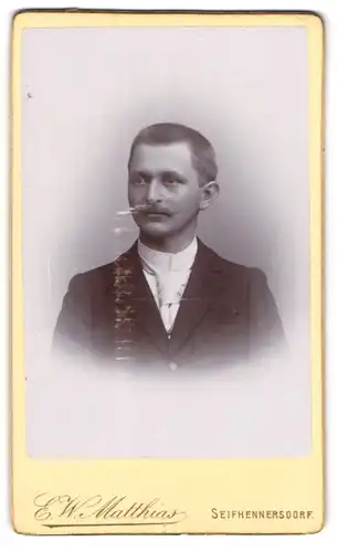 Fotografie E. W. Matthias, Seifhennersdorf, Portrait Herr in Anzug mit Hemd mit Stehkragen und Krawatte