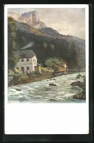 Künstler-AK Lofer, Gasthaus Hinterhorn am Fluss