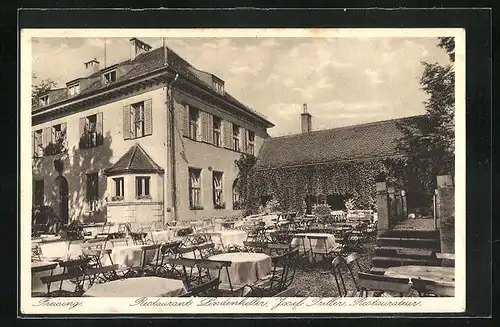 AK Freising, Restaurant Lindenkeller, Aussenansicht mit Gartenterrasse