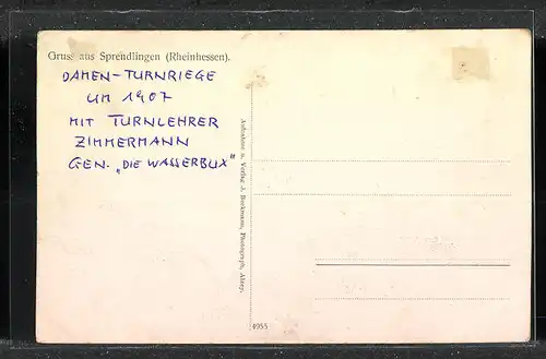 AK Sprendlingen / Rhh., Damen-Turnriege mit Turnlehrer Zimmermann 1907