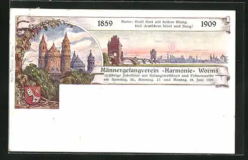 Künstler-AK Worms, 50 jährige Jubelfeier des Männergesangvereins Harmonie 1909, Kirche und Stadtansicht