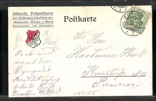 Künstler-AK Worms, 50 jährige Jubelfeier des Männergesangvereins Harmonie 1909, Kirche und Stadtansicht